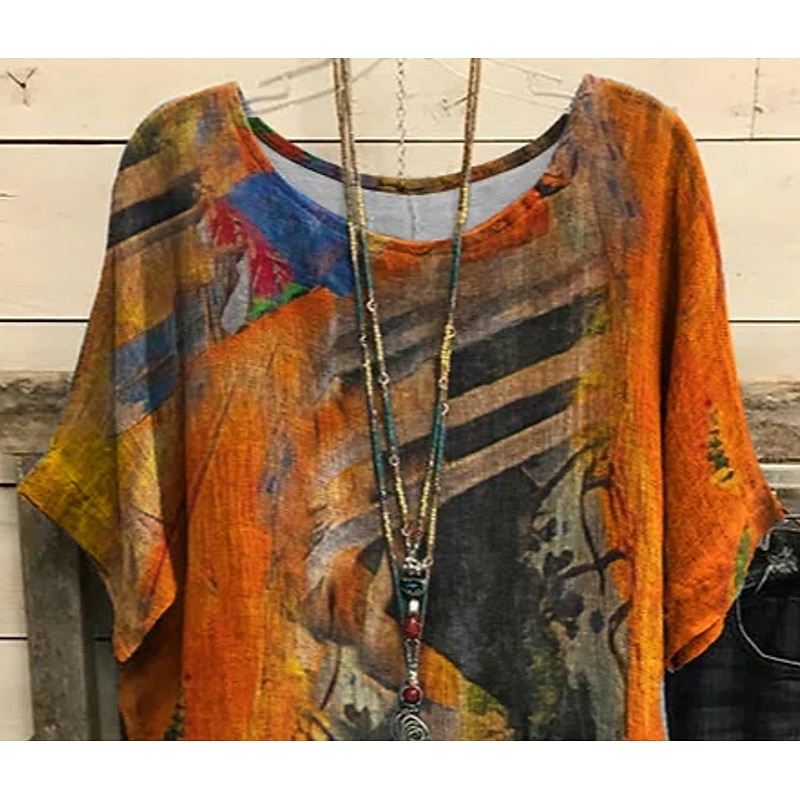 Women's Plus Size Blouse Chiffon Vintage Casual Print Dolman Sleeve Short Sleeve Crew Neck Vacation Daily Dark Yellow Summer Spring2