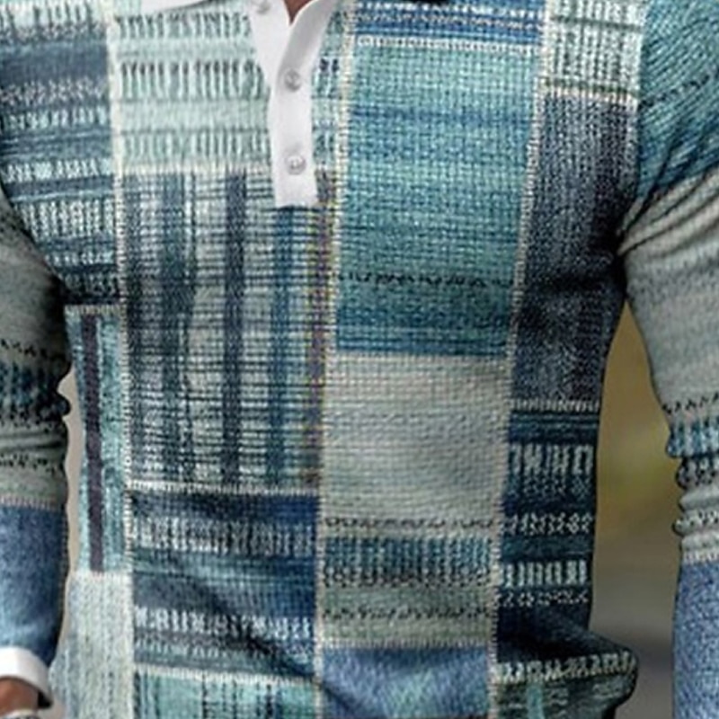 Men's Plaid Waffle Polo Shirts Golf Shirt Long Sleeve Polo Shirts Collared Shirts Vintage Casual Vacation Wear Formal Wear Festival Wear Buttons 3D Print Blue2