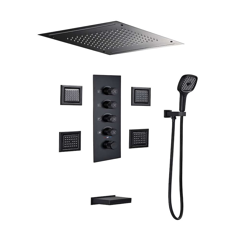 Shower Faucet,Rainfall Shower Head System / Thermostatic Mixer valve Set - Rainfall Shower Contemporary Painted Finishes Mount Inside Brass Valve Bath Shower Mixer Taps2