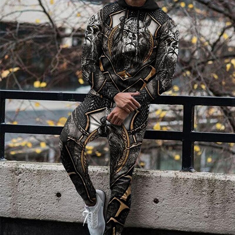 Men's Graphic Lion Animal Patterned 2pcs 3D Sweatshirt Sets Tracksuit Hoodies Long Sleeve Long pants Hooded Streetwear Sportswear Basic Sports & Outdoor Casual Sports Print Spring Fall Black White3