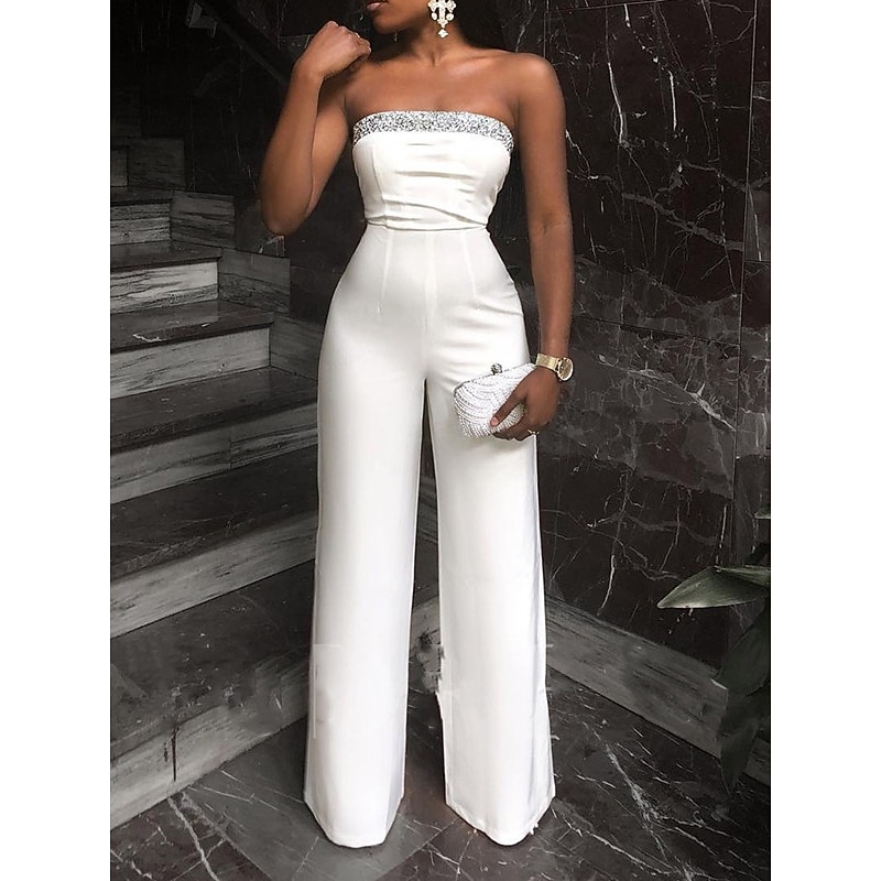 Jumpsuits Elegant Dress Wedding Guest Prom Floor Length Sleeveless Strapless Stretch Fabric with Sequin Pure Color