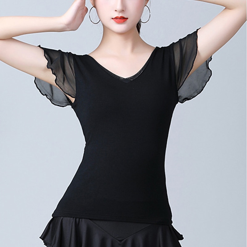 Activewear Top Pure Color Splicing Women's Training Performance Short Sleeve High Cotton Blend