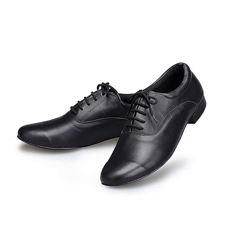 Men's Black Leather Ballroom Dance Shoes – Lace-Up Latin Tango Performance Shoes with Suede Sole for Professionals and Beginners3