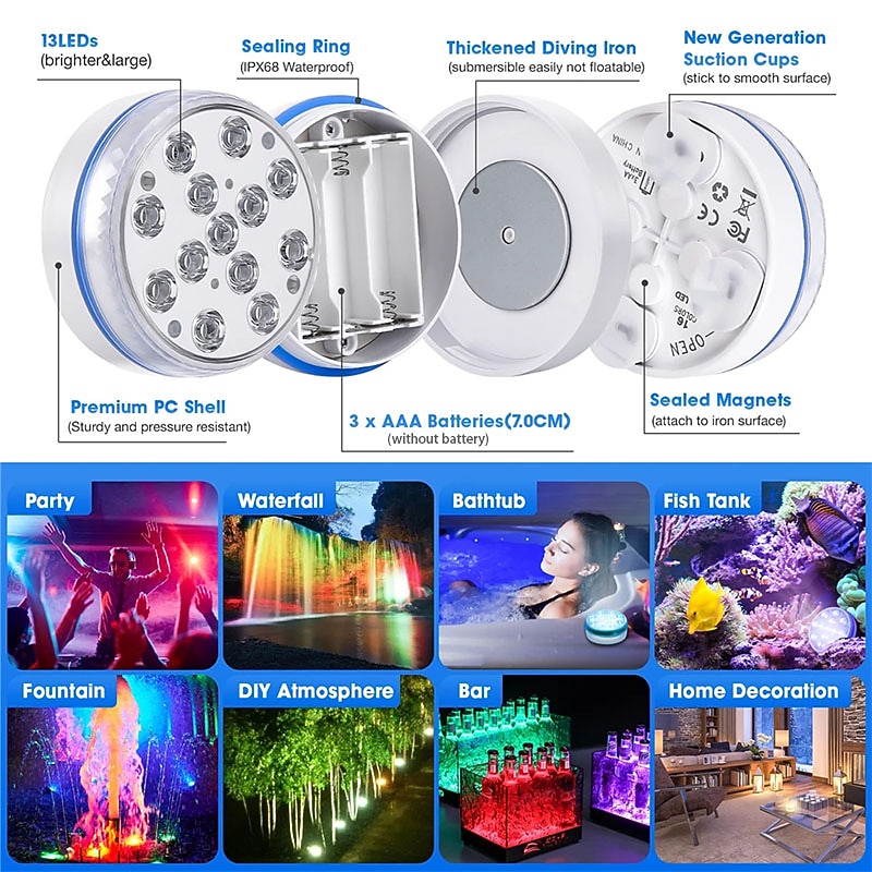 Submersible Lights 13 Leds Pool Pond Light RGB with Remote Underwater Night Light IP68 Magnet Bright Lamp for Pond Aquarium new 20222
