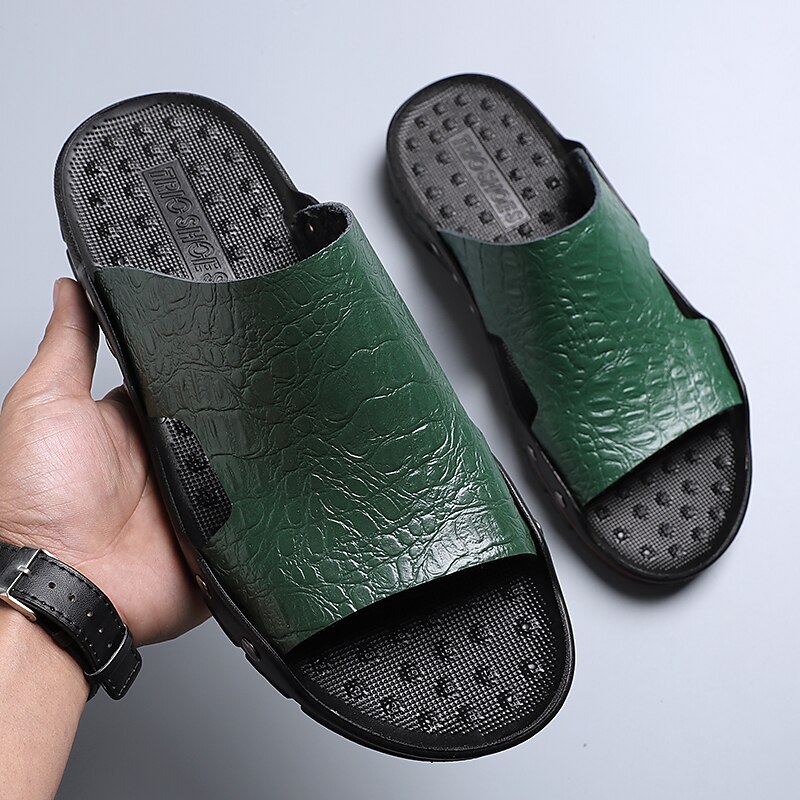 Men's Casual Open-Toe Slides – Comfortable Breathable Leather Sandals with Durable Rubber Sole, Ideal for Outdoor, Beach, and Everyday Wear 9