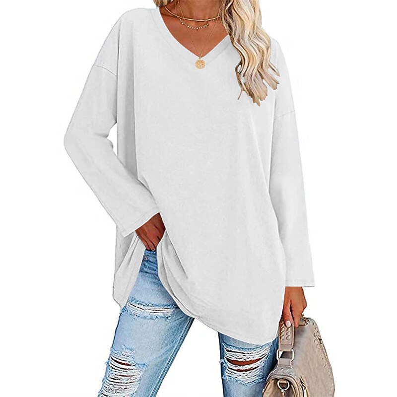 Women's T Shirt Plain Basic Long Sleeve V Neck Regular Tops Valentine's Day Casual Weekend White Yellow Pink Red Blue Fall & Winter2
