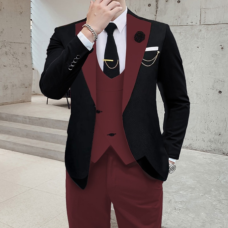 Men's Wedding Party Suits Notch Dark Khaki Black+beige Solid Colored Tailored Fit 3 Piece Single Breasted One-button4