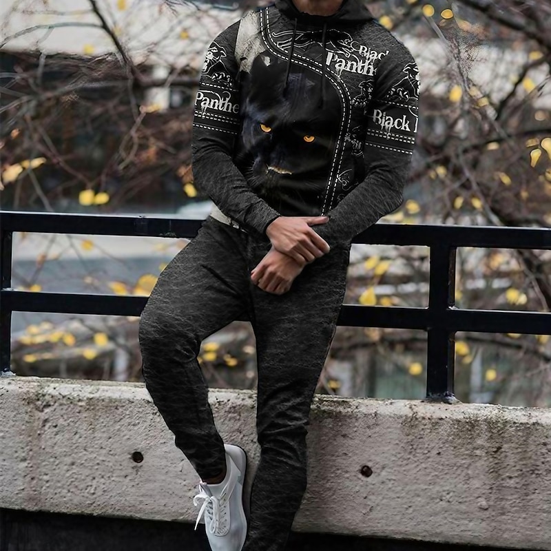 Men's Tracksuit Hoodies Set Yellow Dark Gray Brown Black Hooded Graphic Animal 2 Piece Print Sports & Outdoor Casual Sports 3D Print Basic Streetwear Sportswear Fall Spring Clothing Apparel Hoodies