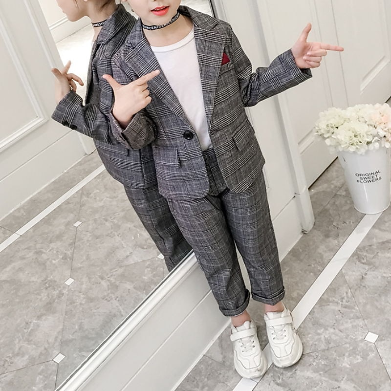 Girls' 3D Plaid Suit & Blazer Clothing Set Long Sleeve Summer Spring Active Preppy Style Kids 3-12 Years School Regular Fit2