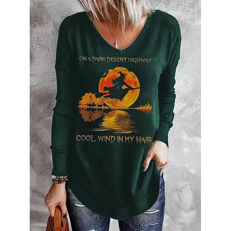 Halloween Women's T shirt Witch Long Sleeve V Neck Long Sleeve Tunic Tee Black Blue Green Letter Ghost Print Basic Regular Loose Fit S Prefall4