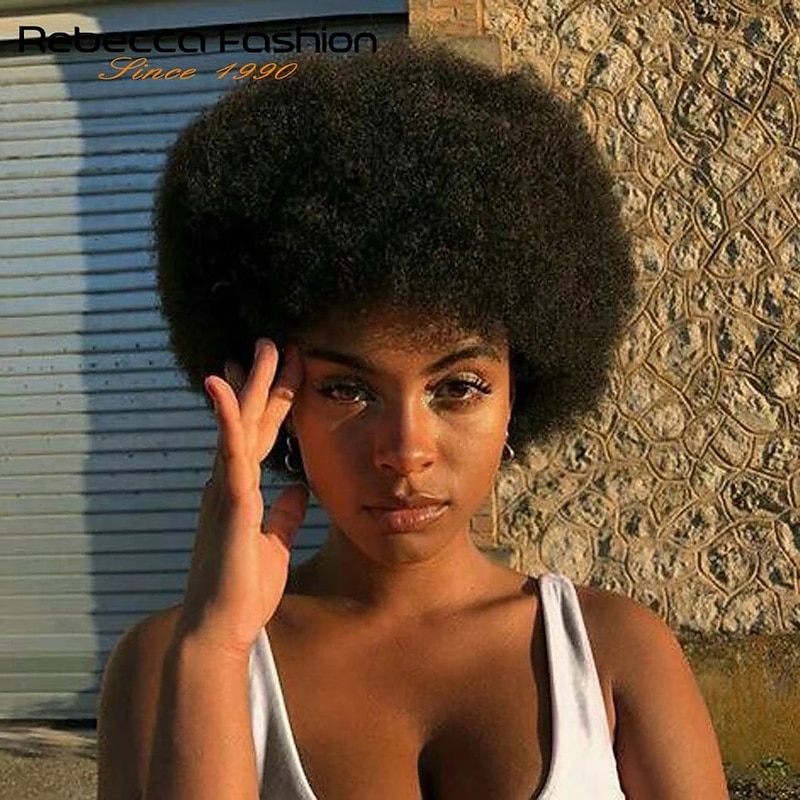 Remy Human Hair Wig Short Afro Curly Pixie Cut Black Natural Cool Designers Natural Hairline Machine Made Capless Brazilian Hair All Natural Black #1B Dark Brown#2 10 inch Christmas Gifts Daily Wear4