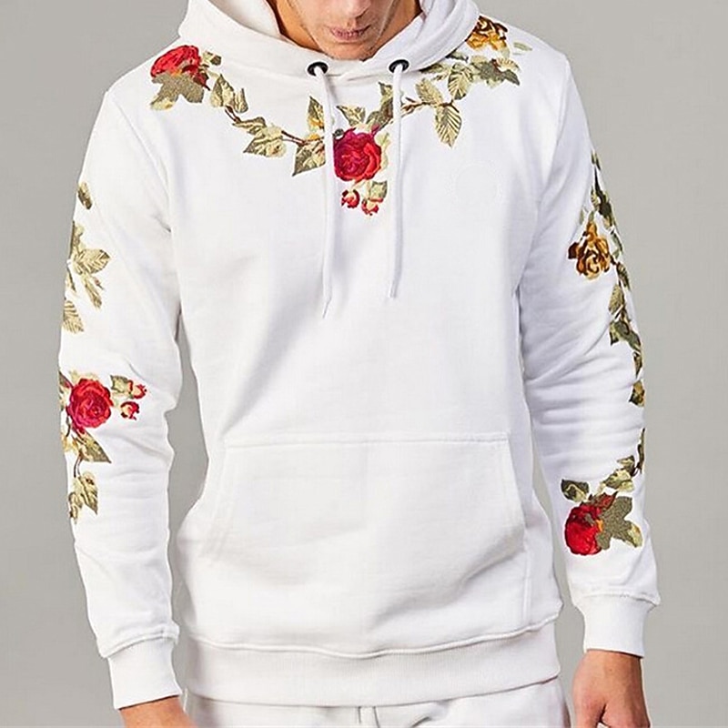 Men's Floral Graphic Hoodie Hoodies Sweatshirt Streetwear Casual Long Sleeve Hooded Daily Holiday Going out Black White Pocket Print Fall & Winter Designer 6