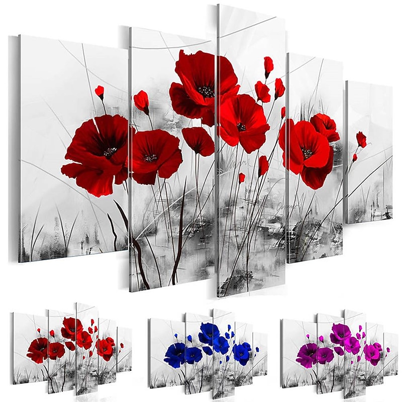 5 Panels Prints Painting Artwork Picture Three-Color Flowers Abstract Home Decoration Décor Rolled Canvas Unframed Unstretched