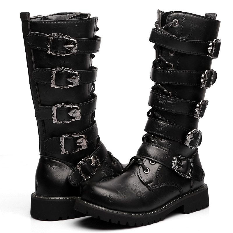 Women's Black Gothic Motorcycle Boots with Skull Buckle Straps and Rugged Sole, Punk Rock Combat Boots for Biker Style3