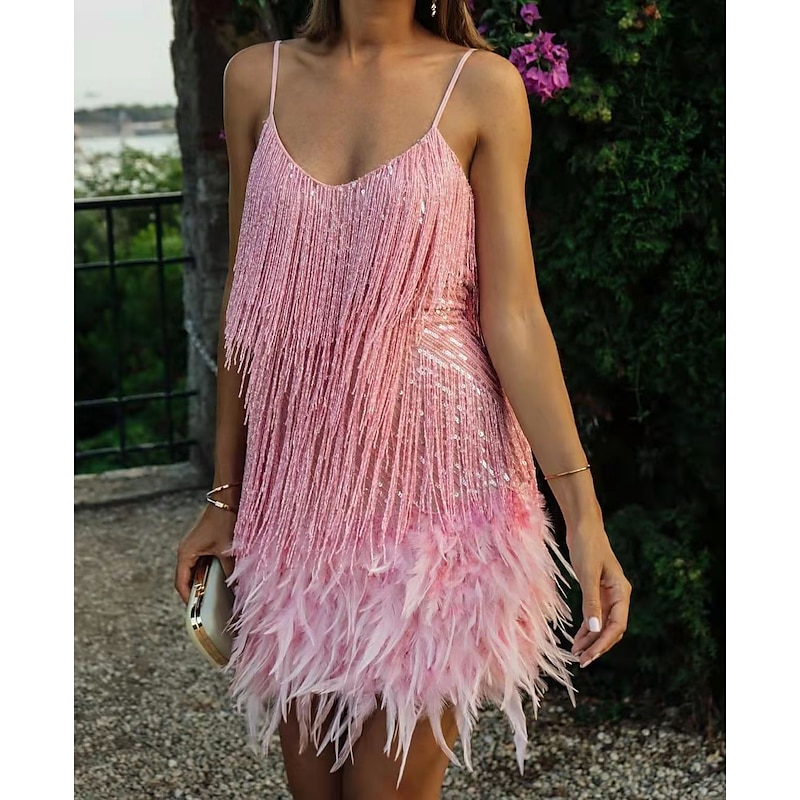 A-Line Party Feather Dresses Beach Wedding Sparkle & Shine Dress Prom Wedding Party Short / Mini Sleeveless Spaghetti Strap Sequined with Feather Fringe Sequin  dress to impress3