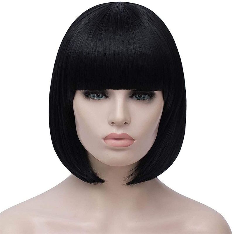 Black Bob Wigs for Women 12'' Short Black Hair Wig with Bangs Mia Wallace Cosplay Synthetic Wig Cute Colored Wigs for Daily Party Halloween Wigs2