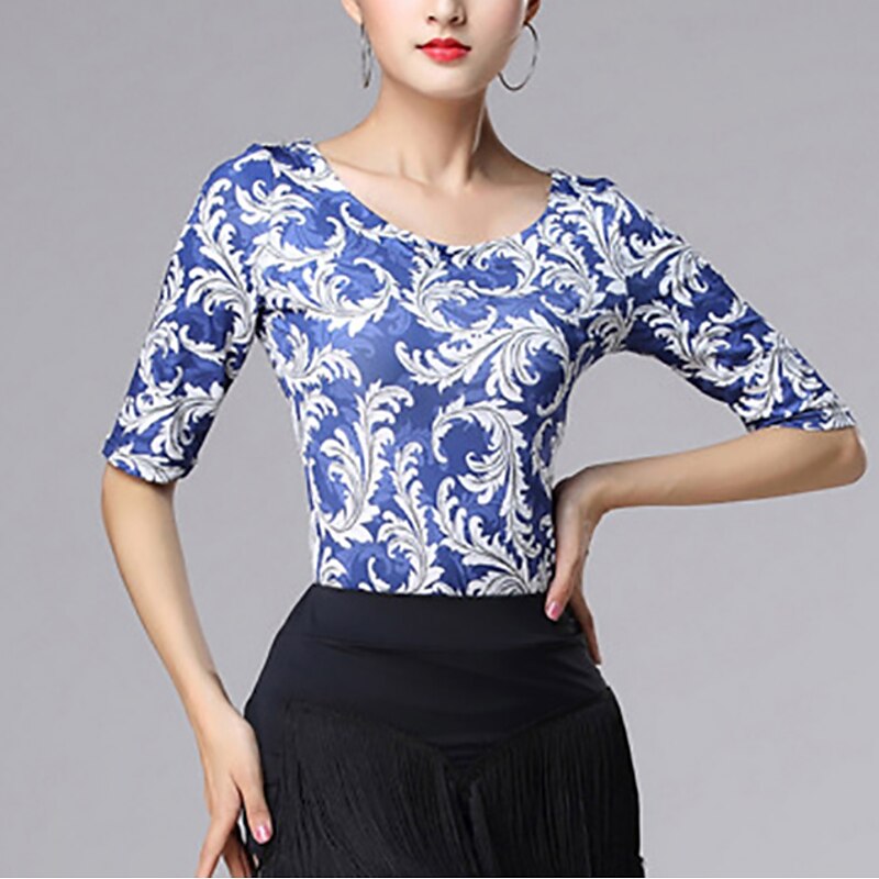 Latin Dance Ballroom Dance Top Printing Splicing Women's Performance Training Half Sleeve High Polyester