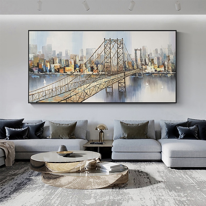 Handmade Oil Painting Canvas Wall Art Decor Original City Iron Bridge Painting Abstract Architecture Painting for Home Decor Rolled Frameless Unstretched Painting2