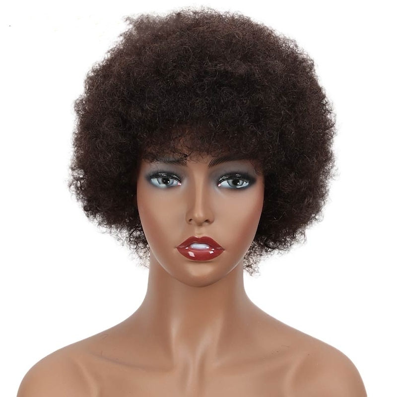 Remy Human Hair Wig Short Afro Curly Pixie Cut Black Natural Cool Designers Natural Hairline Machine Made Capless Brazilian Hair All Natural Black #1B Dark Brown#2 10 inch Christmas Gifts Daily Wear3