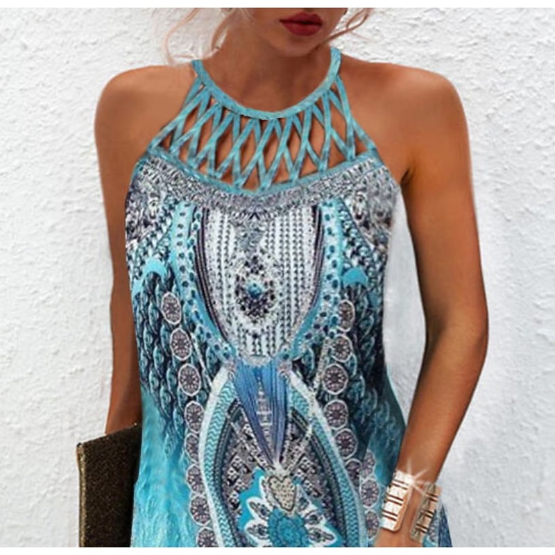 Women's Mini Dress Casual Dress Ethnic Dress Boho Dress Halter Neck Dress Fashion Classic Casual Vacation Daily Holiday Regular Fit Geometric Print Sleeveless Crew Neck Halter Neck Black Blue Green3