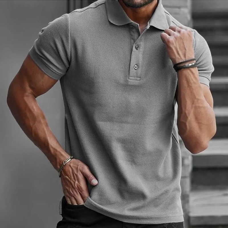 Men's Polo Shirt Golf Shirt Street Casual Polo Collar Classic Short Sleeve Fashion Casual Solid Color Button Front Button-Down Spring & Summer Regular Fit Gray Polo Shirt