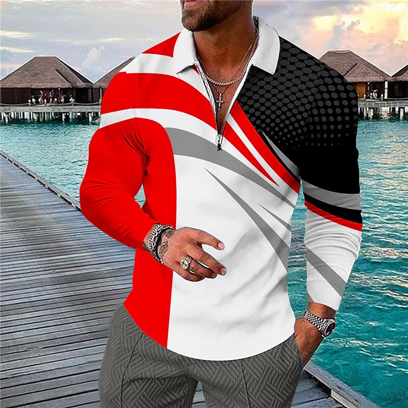 Men's Geometric Hawaiian Polo Shirts Golf Shirt Long Sleeve Polo Shirts Collared Shirts Casual Beach Wear Vacation Wear Party Outfits 3D Print Quarter Zip Polo Red Blue Dusty Blue