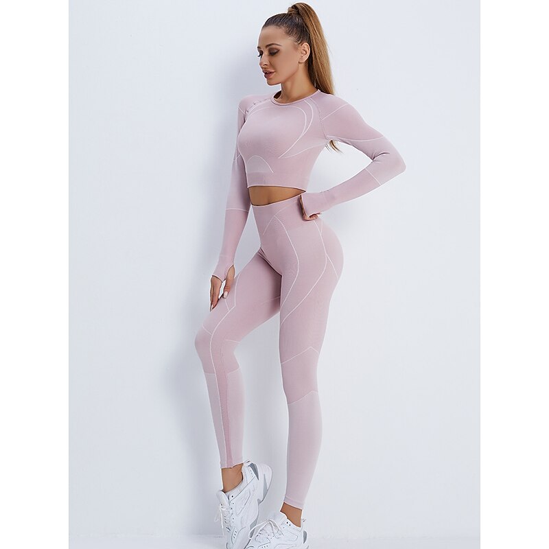 Women's Activewear Set Workout Sets Winter 2 Piece Cropped Stripes Leggings Crop Top Yellow Pink Spandex Yoga Fitness Gym Workout Tummy Control Butt Lift Breathable Sport Activewear Stretchy 16