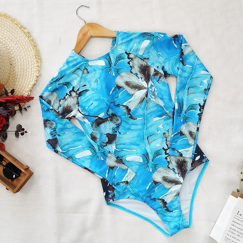 Women's Rash Guard One Piece Swimsuit UV Sun Protection UPF50+ Breathable Long Sleeve Bodysuit Bathing Suit Knotted Swimming Surfing Beach Water Sports Floral Autumn / Fall Spring Summer / Stretchy3