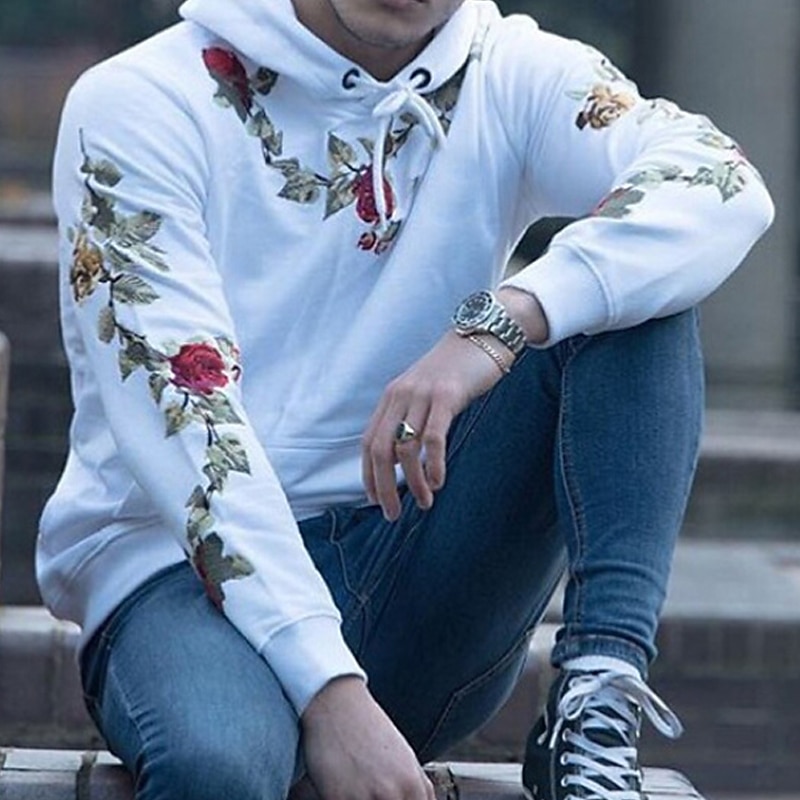 Men's Floral Graphic Hoodie Hoodies Sweatshirt Streetwear Casual Long Sleeve Hooded Daily Holiday Going out Black White Pocket Print Fall & Winter Designer4