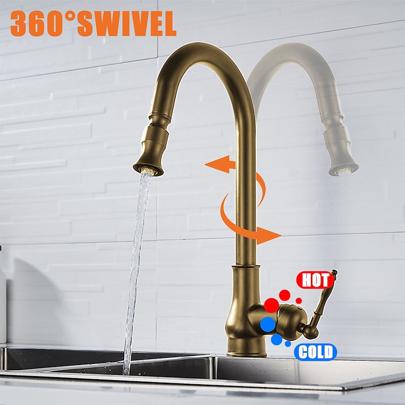 Pull Out Kitchen Faucet Sink Mixer with Sprayer, Antique 360° Swivel Single Handle One Hole Pull Down Kitchen Vessel Tap Deck Mounted, with Hot and Cold Water Hose2