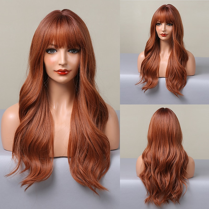 Ombre Auburn Brown Blonde Long Wavy Wigs With Bangs Natural Daily Hair for Women Christmas Party Wigs