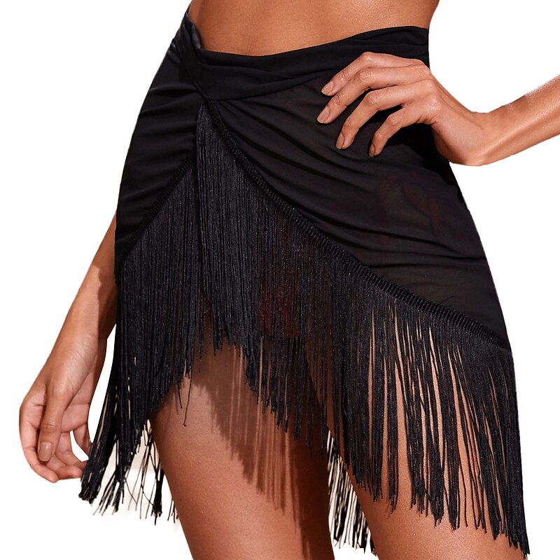 Women's Swimwear Cover Up Beach Bottom Swimsuit Fringe Hem Tassel Stylish Beach Wear Plain Pure Color Sleeveless Bathing Suits3