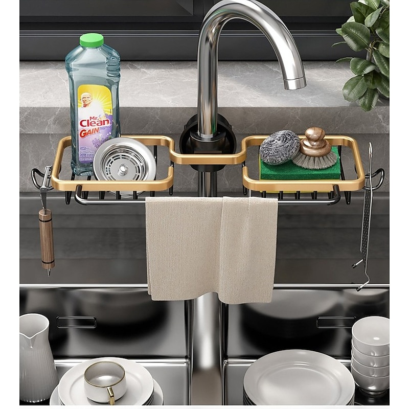 Kitchen Storage Rack Faucet Rack Black Gold Household Sink Dishwashing Sponge Rag Drain Water Hanging Basket Sink2