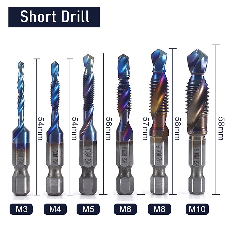 Blue Plated Hex Shank HSS Screw Thread Metric Tap Drill Bits Composite tap 6pcs Boxed Kit Screw Tools Hand Tools Sets4