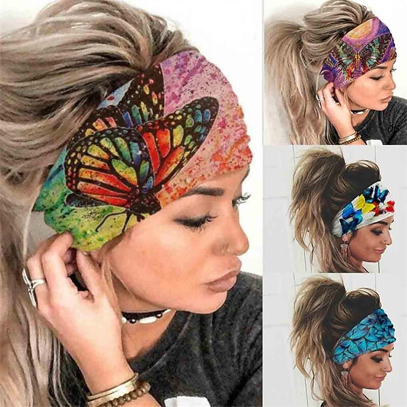 Headband Headwrap Butterfly Stretch Hair Bands Bandana Yoga Running Athletic Turban Head Bands Head Scarfs Hair Accessories for Women and Girls 4Pcs