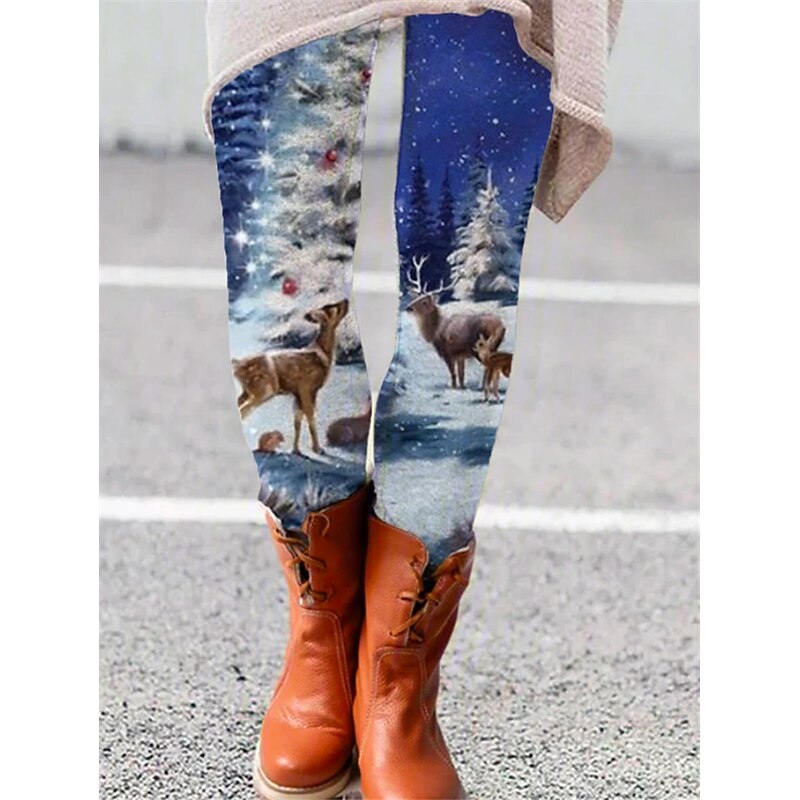 Women's Normal Tights Leggings Cozy Leggings Fashion Full Length Mid Waist Reindeer Christmas Print Butt Lift Comfort Tummy Control Micro-elastic Daily 5 6 7 8 Skinny4