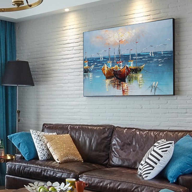 Oil Painting Handmade Hand Painted Wall Art Abstract Boats Canvas Painting Home Decoration Decor Stretched Frame Ready to Hang4