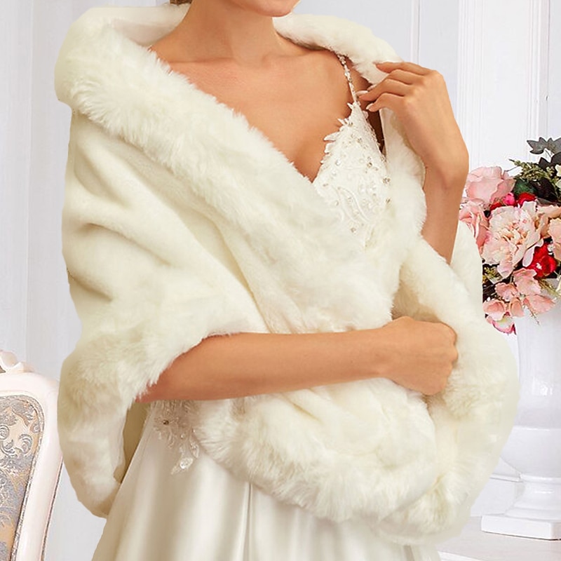 Shawl White Faux Fur Wraps Shawls Women's Wrap Elegant Bridal Sleeveless Faux Fur Wedding Wraps With Pure Color For Fall Wedding & Winter Wedding dress to impress3