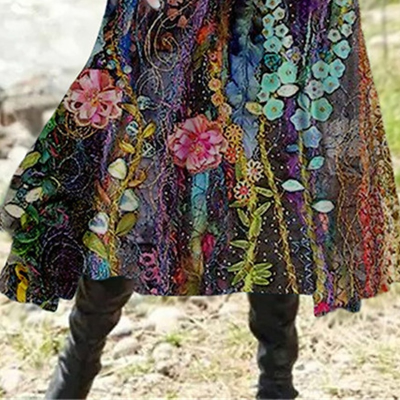 Women's Midi Dress Casual Dress Winter Dress Ethnic Dress Swing Dress Vacation Casual Modest Formal Outdoor Winter Dress Regular Fit Floral Long Sleeve Crew Neck Purple Fall Winter Autumn2