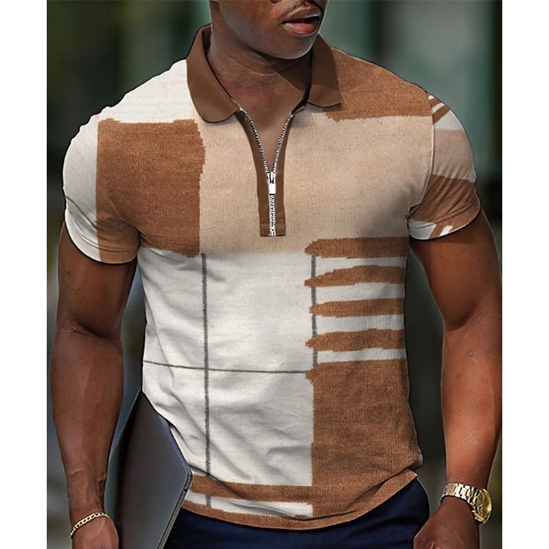 Kentucky Derby Men's Plaid Hawaiian Polo Shirts Golf Shirt Short Sleeve Polo Shirts Collared Shirts Casual Beach Wear Vacation Wear Party Outfits 3D Print Quarter Zip Polo White Yellow Khaki2