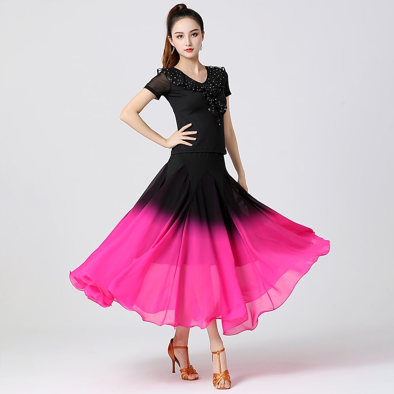 Ballroom Dance Activewear Skirts Ruching Pure Color Splicing Women's Training Performance Short Sleeve High Chiffon Polyester3