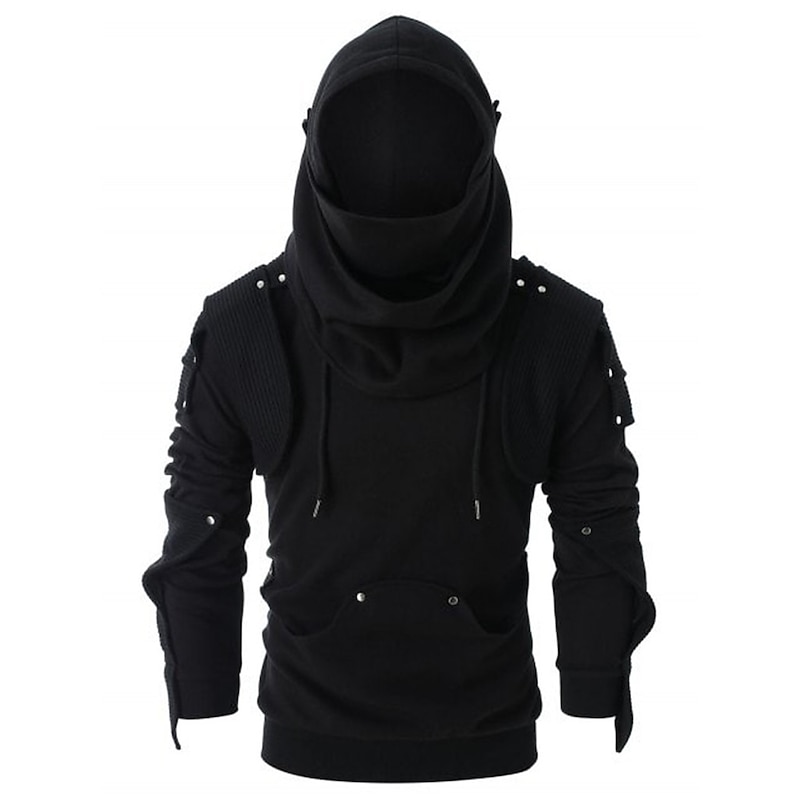 Men's Hoodie Tactical Black Hooded Solid Color Rivet Cool Winter Clothing Apparel Hoodies Sweatshirts  Long Sleeve