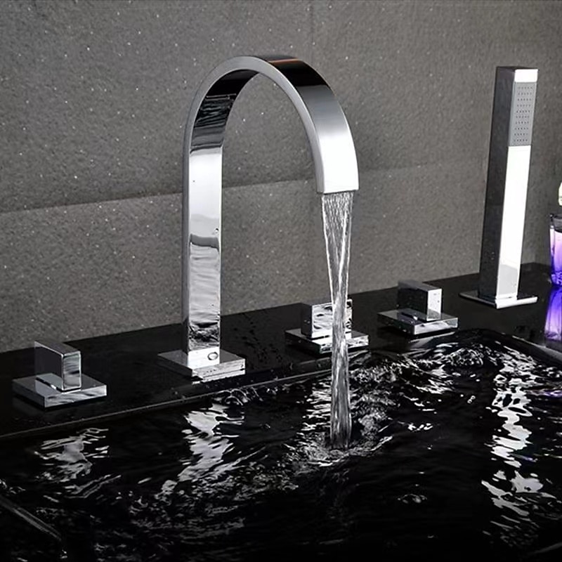 Bathtub Faucet Multi-hole Deck Mounted with Heldhand Showerhand, Bath Tub Filler Mixer Brass Taps 5 Hole 3 Handle Chrome4