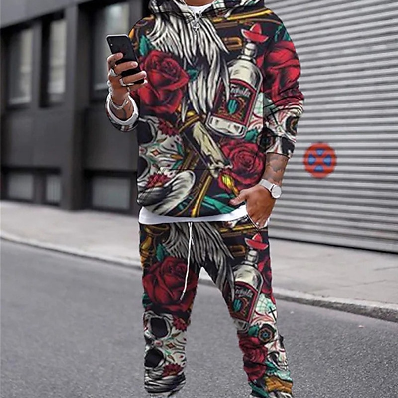 Men's Tracksuit Hoodies Set Blue Orange Red Black Hooded Graphic Skull 2 Piece Print Sports & Outdoor Casual Sports 3D Print Basic Streetwear Sportswear Fall Spring Clothing Apparel Hoodies3