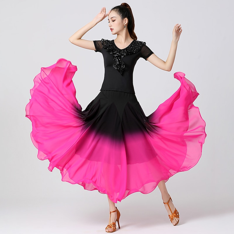 Ballroom Dance Activewear Skirts Ruching Pure Color Splicing Women's Training Performance Short Sleeve High Chiffon Polyester2