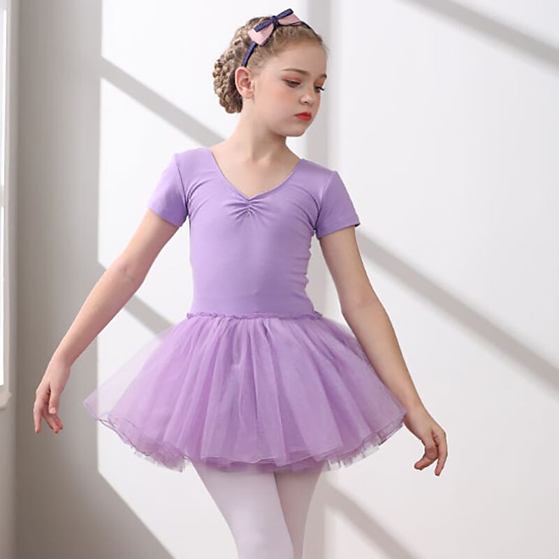 Kids' Dancewear Ballet Dress Pure Color Splicing Tulle Girls' Training Performance Short Sleeve High Cotton Blend Tulle2