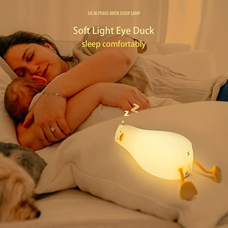 Lying Flat Duck Night Light, LED Squishy Duck Lamp, Cute Light Up Duck, Silicone Dimmable Nursery Nightlight, Rechargeable Bedside Touch Lamp for Breastfeeding3