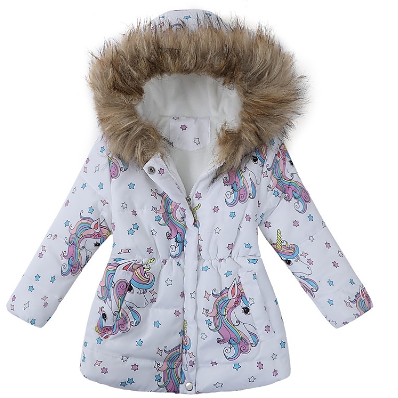 Kids Girls' Coat Long Sleeve White Blue Purple Floral Cartoon Zipper Fall Winter Active Daily 3-12 Years3