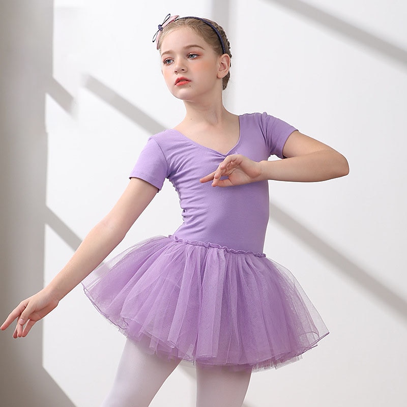 Kids' Dancewear Ballet Dress Pure Color Splicing Tulle Girls' Training Performance Short Sleeve High Cotton Blend Tulle