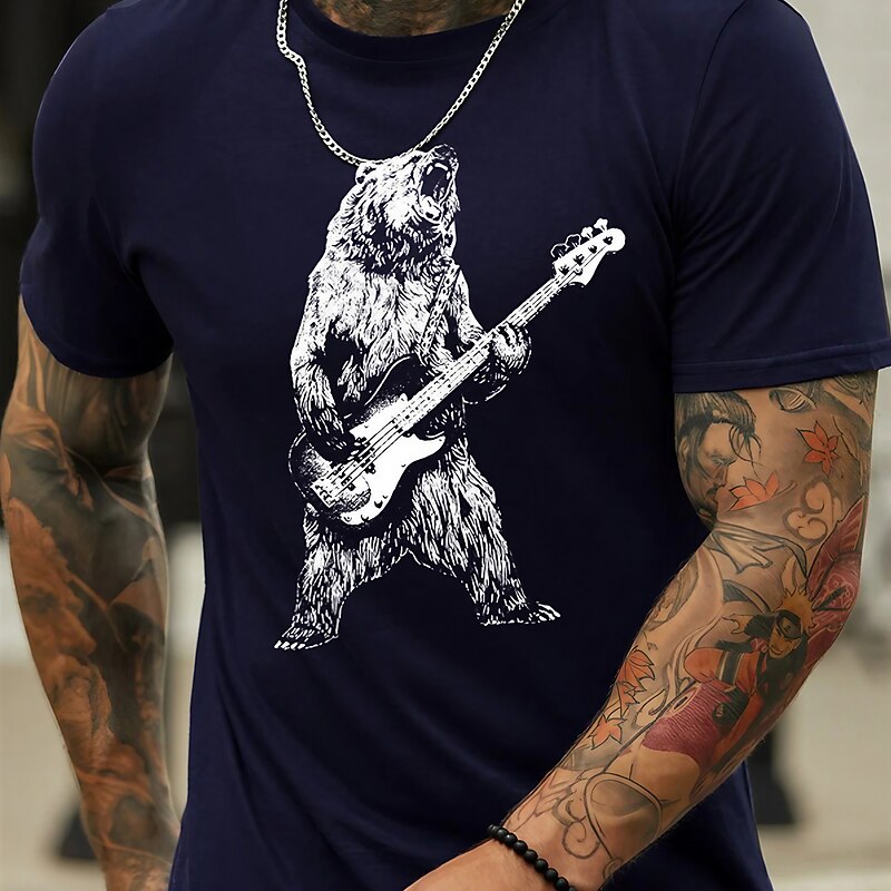 Men's Graphic T-Shirt: Rock Bear Playing Bass Guitar - Short Sleeve Funny Animal Music Lover